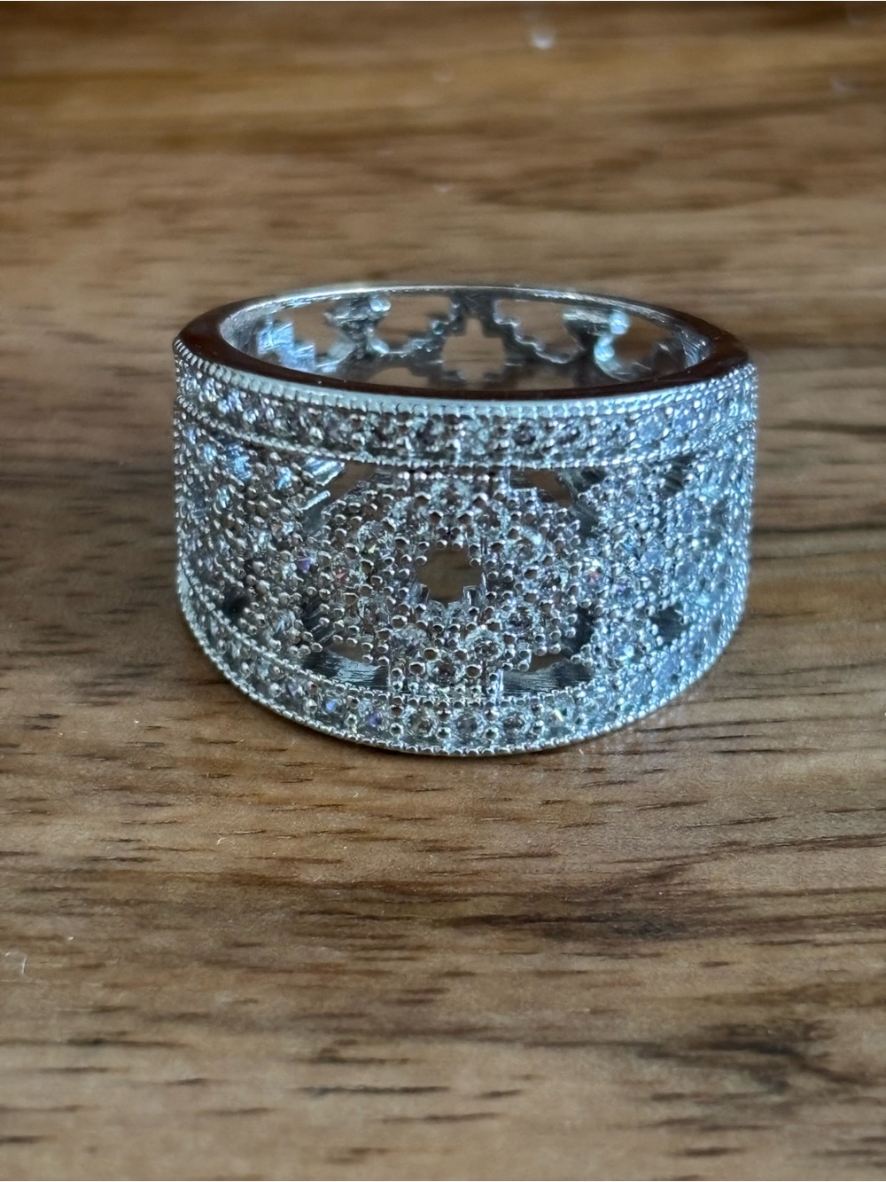 Bronze and CZ Wide Filigree Pave Band Ring - Silver overlay (approx. Size 9) - Picture 5 of 12